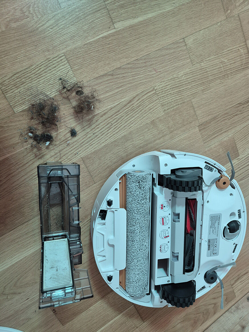 Aufgesaugte Menschen- und Tierhaare im Behälter des Qrevo Curv 2 Flow nach dem Test.